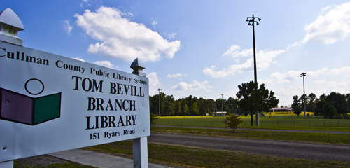 Colony, Alabama, Tom Bevill Library Sign with Ballfields in the background